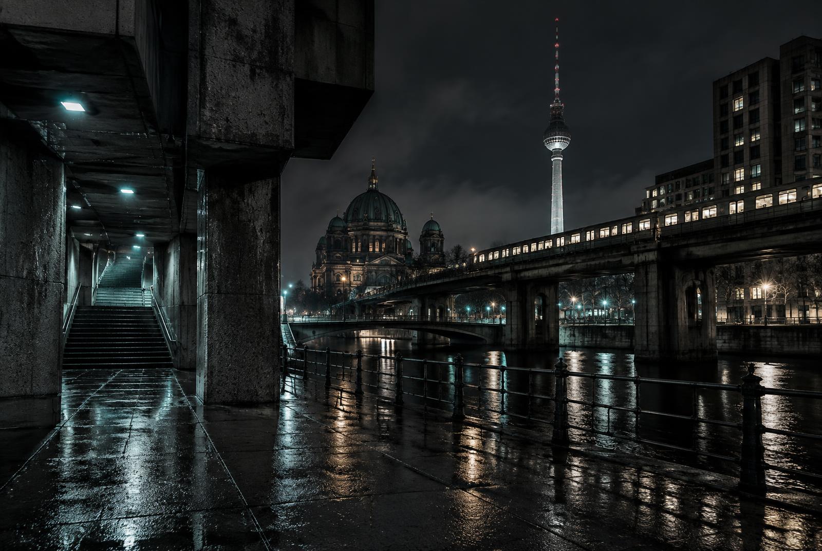 Nächtliche Berliner Stadtarchitektur an der Spree